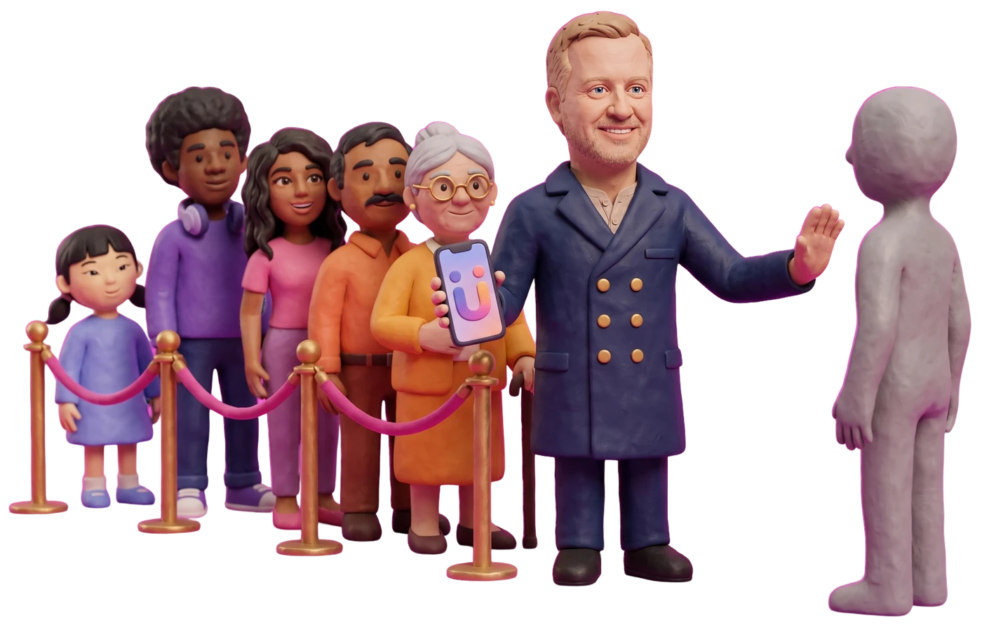 Nate as a clay doorman holding up a phone showing the WakieUp logo to a grey stranger, while a diverse line of friends of every age waits behind a velvet rope