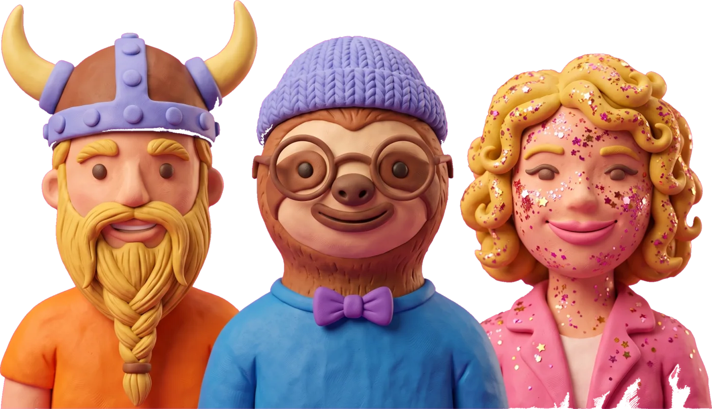 Three clay faces wearing a Viking helmet, a sloth costume, and glitter