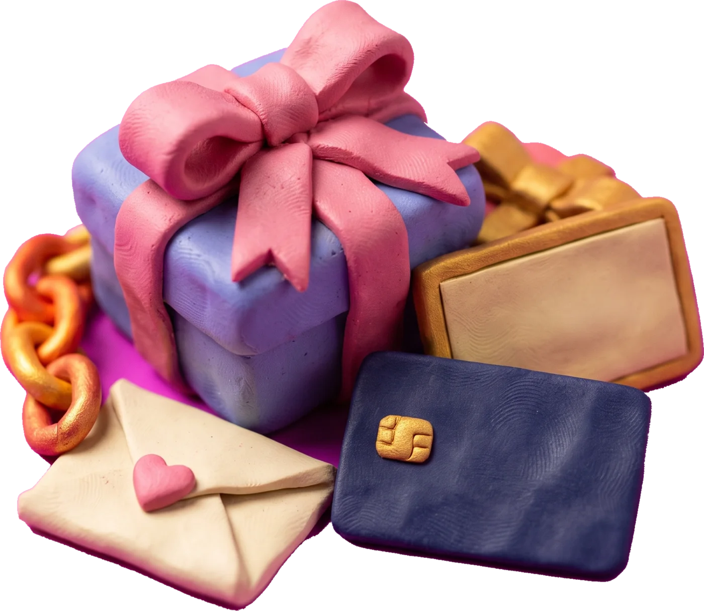 A pile of clay gifts: a wrapped box, cards, a chain, and a sealed note