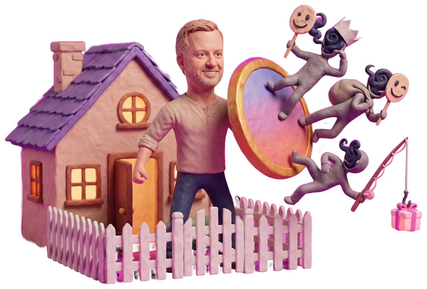 Nate as a clay guardian at a picket fence, holding a WakieUp gradient shield that knocks back masked grey strangers away from a cozy glowing house